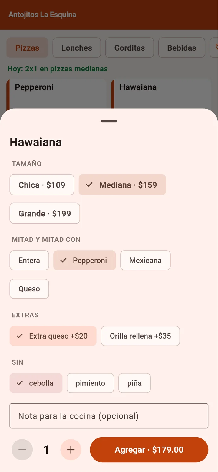La hoja para armar una pizza: tamaño, mitad y mitad, extras y lo que va sin