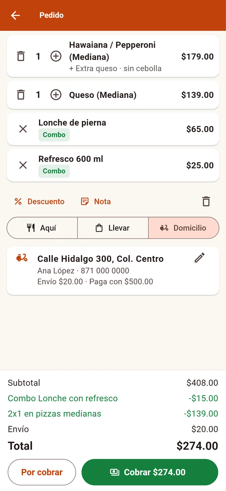 Un pedido a domicilio con su combo, su 2x1, el envío y el total