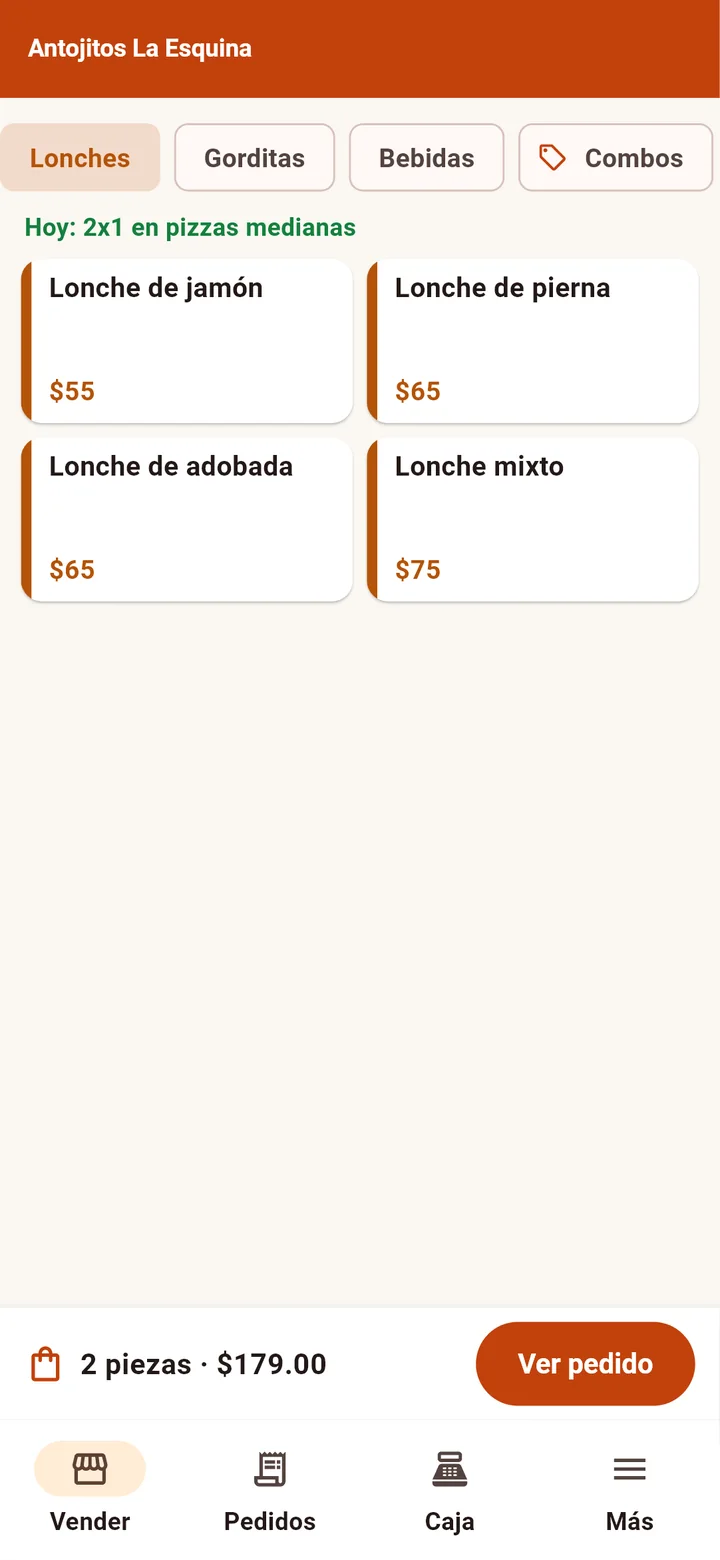 El menú por categorías, con los lonches y el pedido que se está tomando