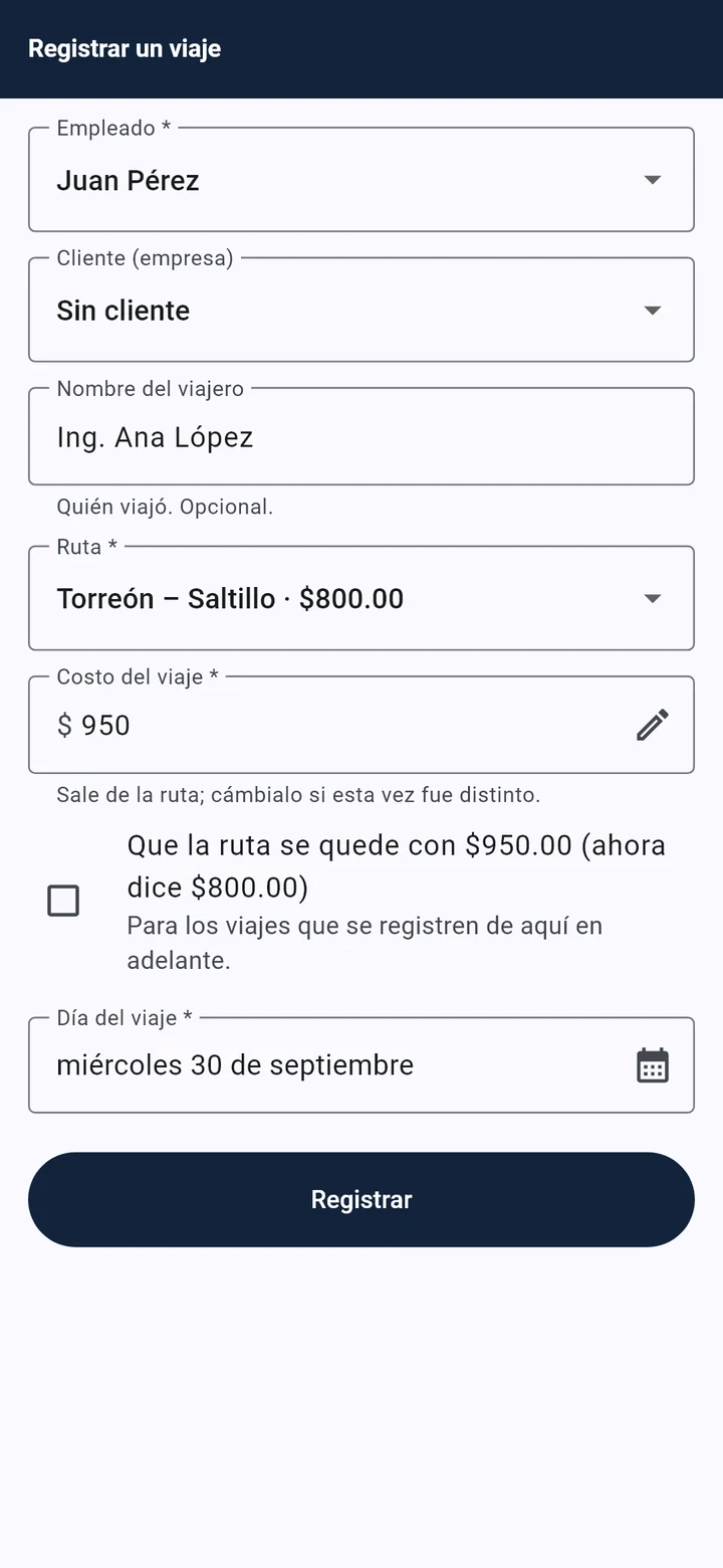 Registrar un viaje con el nombre del viajero y el costo cambiado