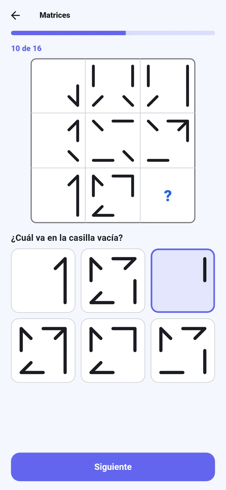 Una matriz de nueve casillas con figuras y seis opciones para la casilla vacía