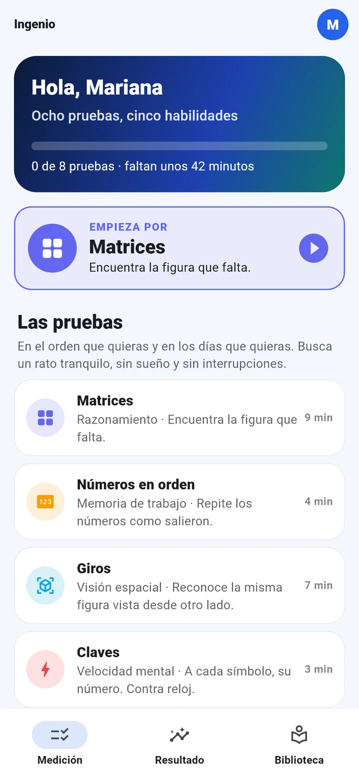 La medición de Ingenio: la prueba que sigue y la lista de las ocho pruebas