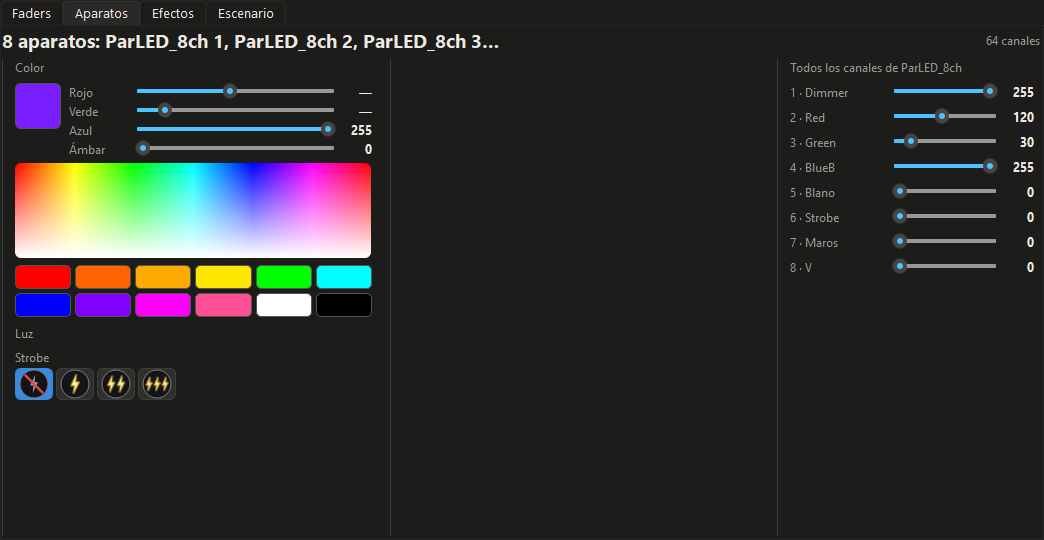 Con pares LED marcados: el color se mezcla o se elige de la paleta
