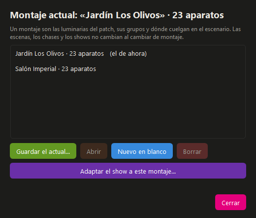Los montajes guardados y sus botones